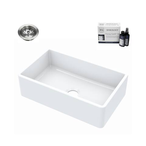Turner Farmhouse Fireclay 30 in. Single Bowl Kitchen Sink in Crisp White with Drain and CareIQ Kit