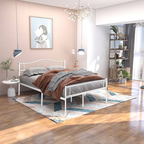Beho White Full Size Double Metal Bed Frame for Bedroom or Dormitory