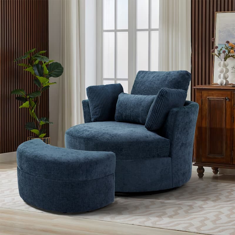 41" W Oversized Accent Barrel Swivel Chair with Moon Storage Ottoman