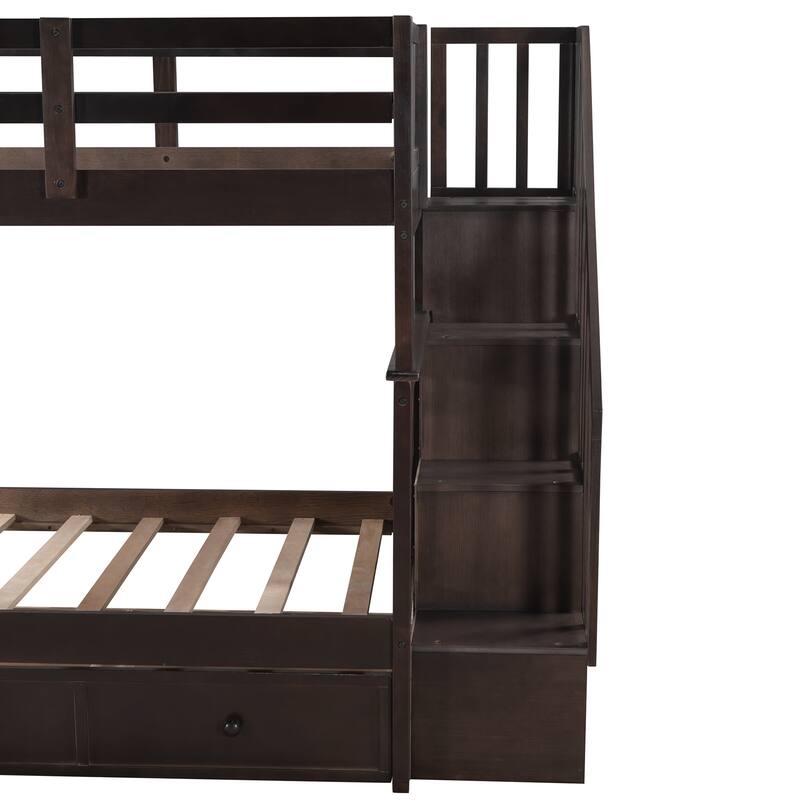 Multi-Functional Twin Over Twin Bunk Bed with 3 Drawers, Storage Stairs, Armrest and Full-Length Guardrails for Kids