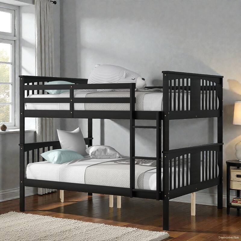 Full Over Full Bunk Bed with Ladder, Solid Wood Convertible Bunk Bed Frame for Bedroom or Guest Room - Espresso - Full