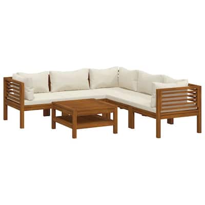 Soma 6pc Outdoor Modular Sofa Set, Ivory Fabric Cushions, Brown Wood