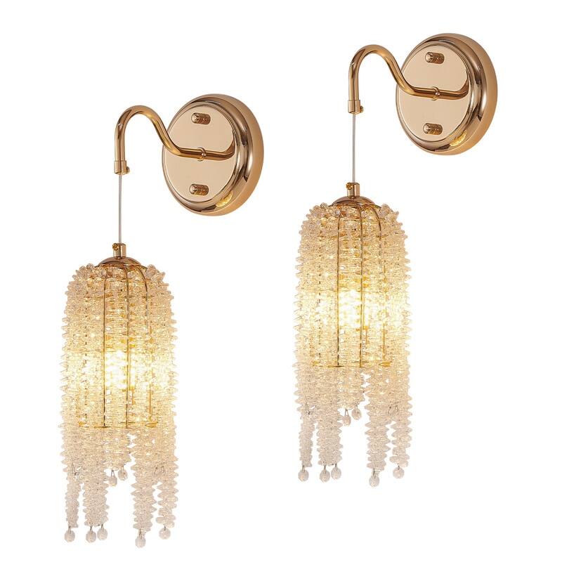 Set of 2 Gold Wall Sconces with Crystal Bead Strings Elegant Hanging Light Fixtures, E12 Socket (Bulbs Not Included)