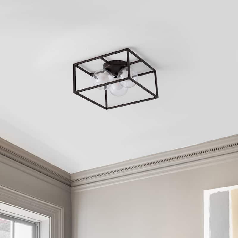 Payton 14" 3-Light Modern Farmhouse Metal/Iron Open-Caged LED Flush Mount, Oil Rubbed Bronze , by JONATHAN Y