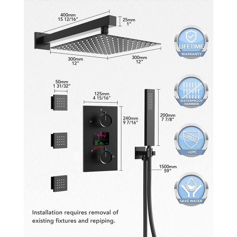 Wall-Mounted Shower Fixture System 12 in Rain Shower Head LCD Digital Thermostatic Valve Shower Faucet Set with 3 Body Jets