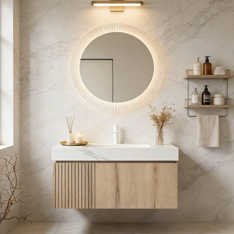 Floating Storage Bathroom Vanity with 1 Pre-drilled Faucet Hole - 36 - White Oak