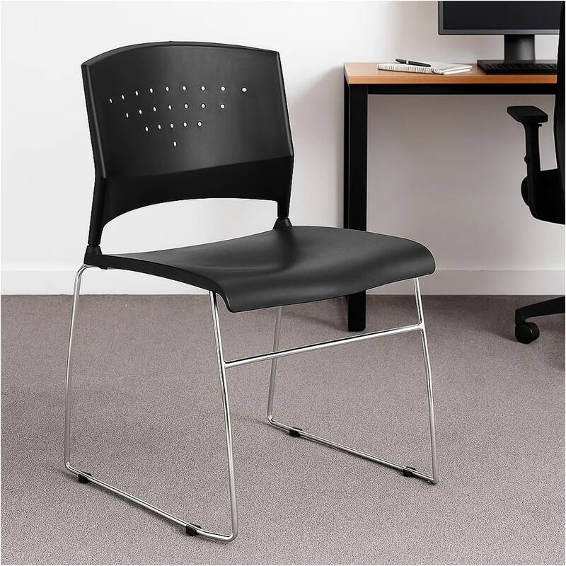 Reception Stackable Guest Chair, Black Open Back, Chrome Sled Base