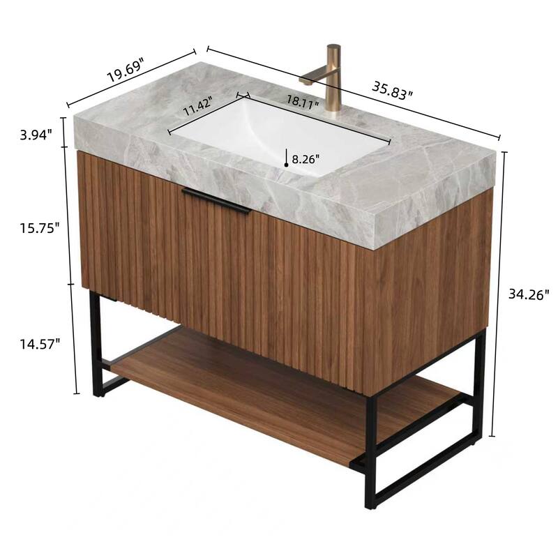 GDFStudio - Yolan 36" Freestanding Bathroom Vanity with Striped Drawer, Open Shelf & Undermount Ceramic Basin, WITHOUT Faucet
