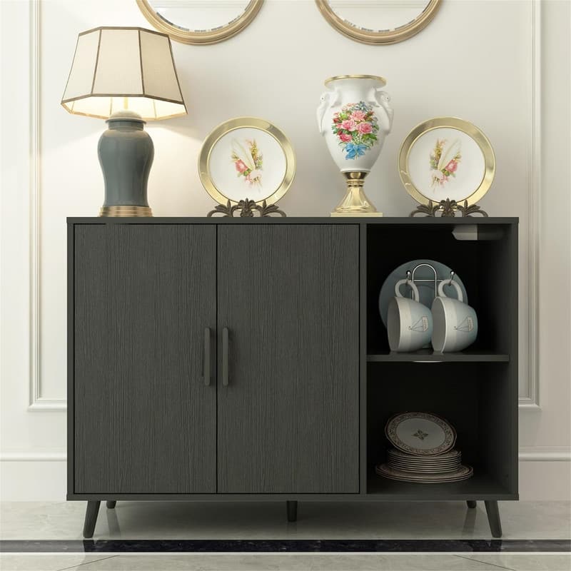 Kitchen Sideboard with 2 Door 2 Shelves - 15"D x 41.7"W x 32.6"H - Black