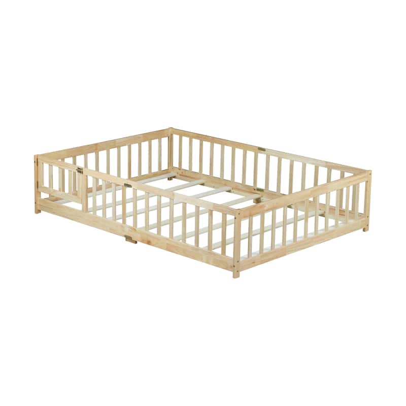 Roomfitters Twin/Full Floor Bed with Surround Fence, Rubber Wood Platform with Guardrails and Slats, Natural