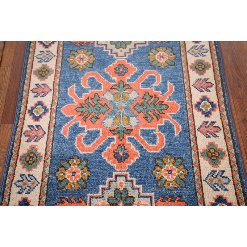 Geometric Kazak Foyer Rug Hand-Knotted Blue Wool Carpet - 2'0" x 3'0"