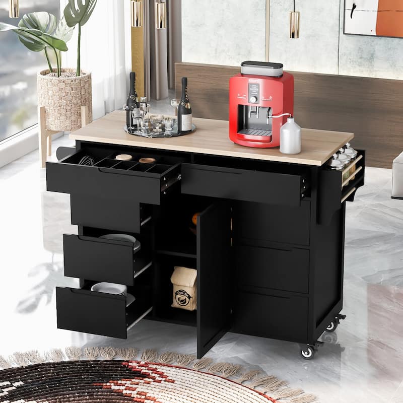 Kitchen Island Cart with Rubber Wood Top and Locking Wheels