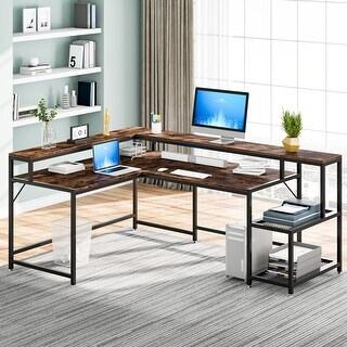 L Shaped Desk with Monitor Stand, 69 Inch Large Reversible Corner Desk with Storage Shelf