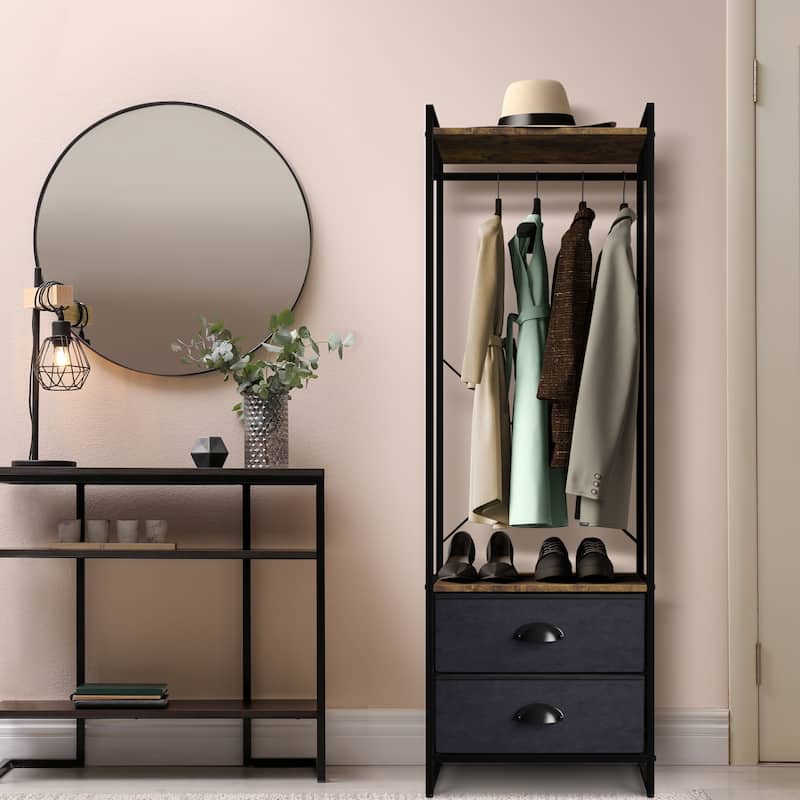 Clothing Rack with 2 Drawers - Tall Closet Stand Dresser for Bedroom