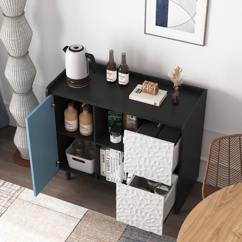 Modern Sideboard Buffet Cabinet with 2 Drawers and 2 Open Storage Compartment