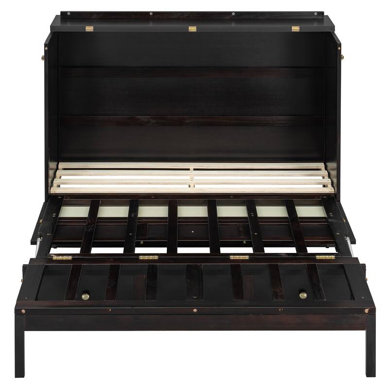 Rattan Weaving Accents Murphy Bed Full Size Foldable Wall Cabinet Bed with Underbed Storage Drawers and Golden Handles