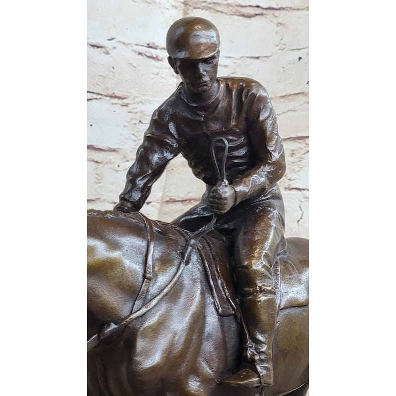 Signed Original Jockey With Horse Bronze Marble Base Hot Cast Sculpture Figure
