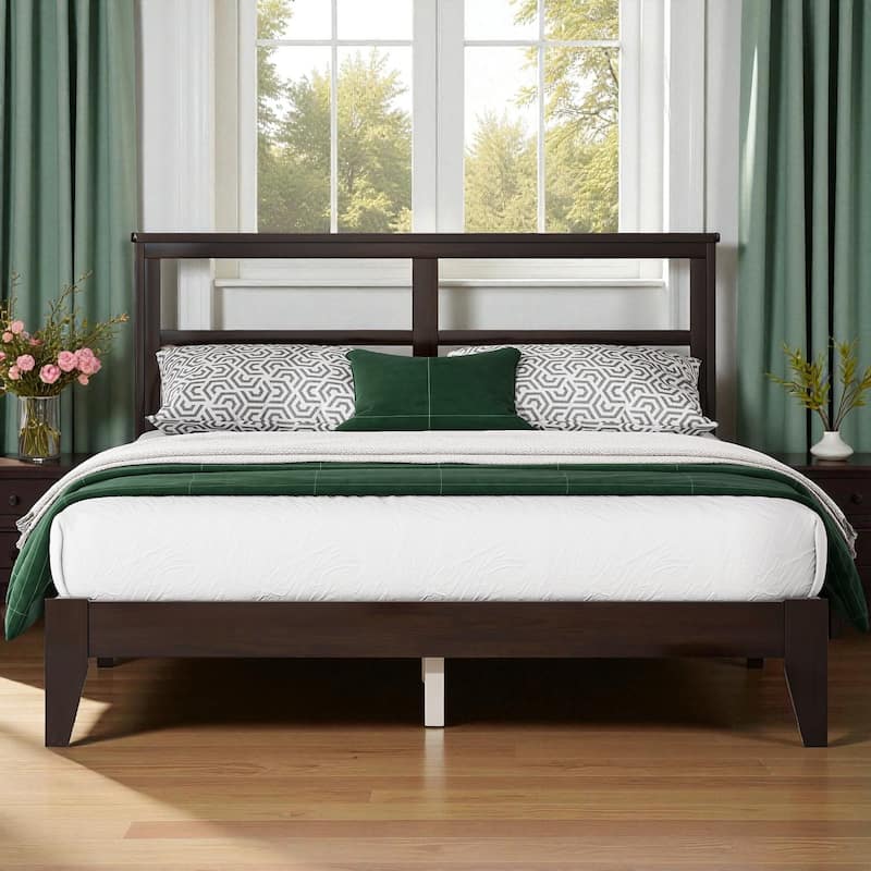 Queen Size Solid Rubber Wood Bed with Rattan Headboard, Durable Frame with Central Support Feet and Under-Bed Storage