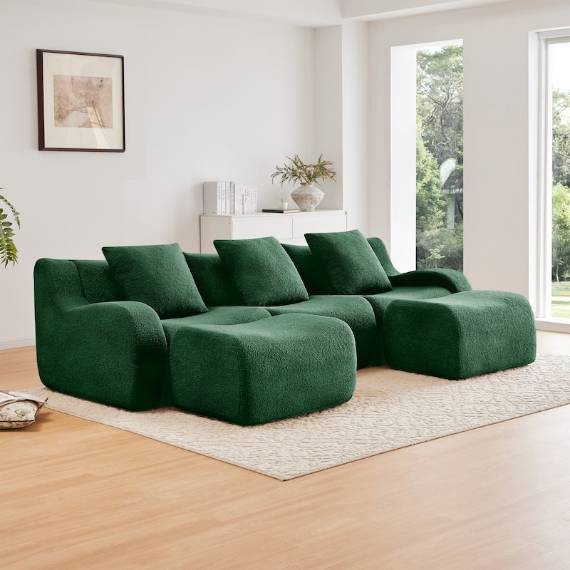 Sectional Couches for Living Room U-Shaped Boneless Couch, 3-Seat Sofa with Movable Ottoman, Floor Modular Teddy Fabric Sofa - Green