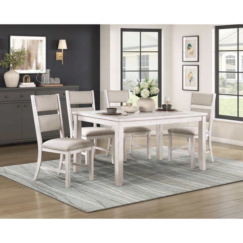 Modern Farmhouse 5pc Dining Set Table and 4 Side Chairs Upholstered Antique White Finish Durable Wooden Furniture