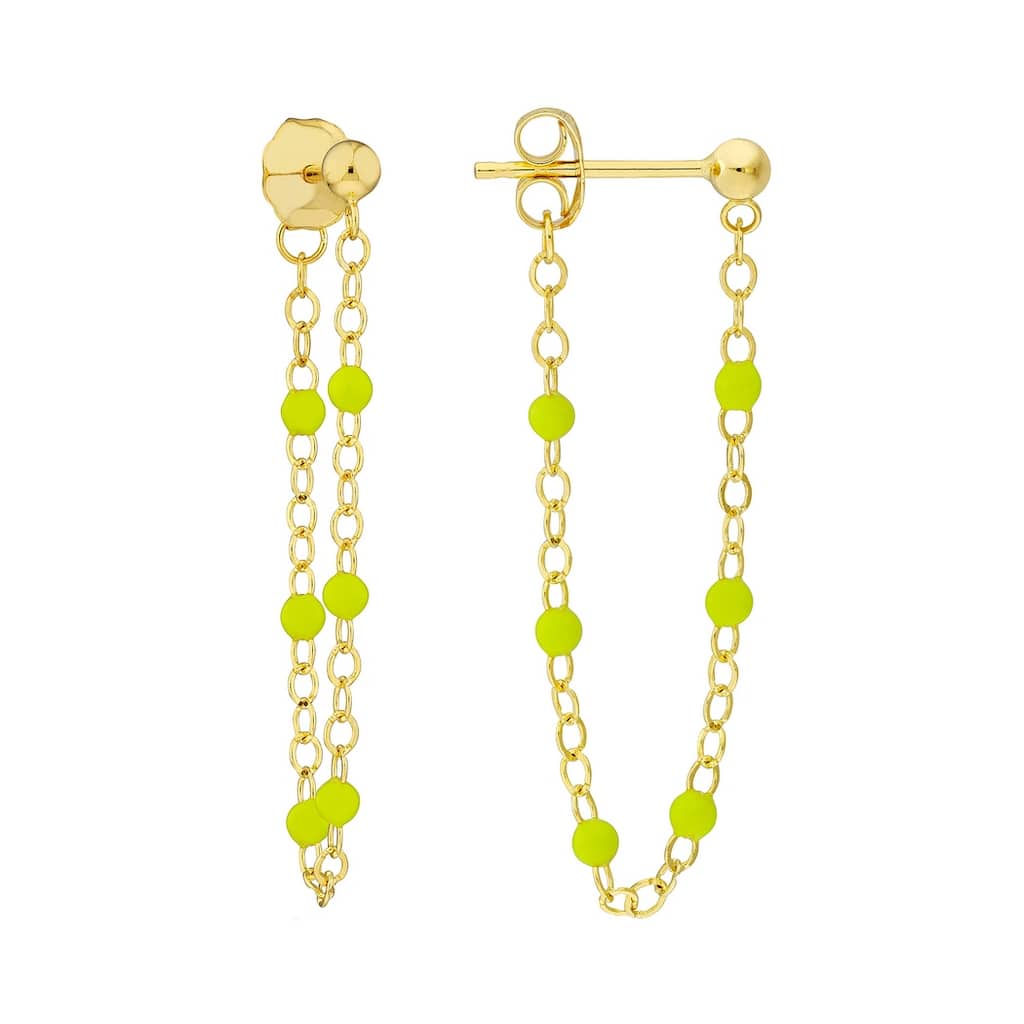 Curata 14k Yellow Gold Front To Back 6 Beads Green Enamel Earrings