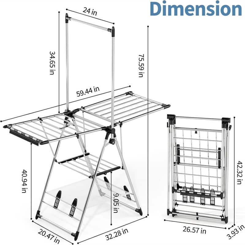 Clothes Drying Rack with High Hanger - 21.85"D x 59"W x 75.59"H