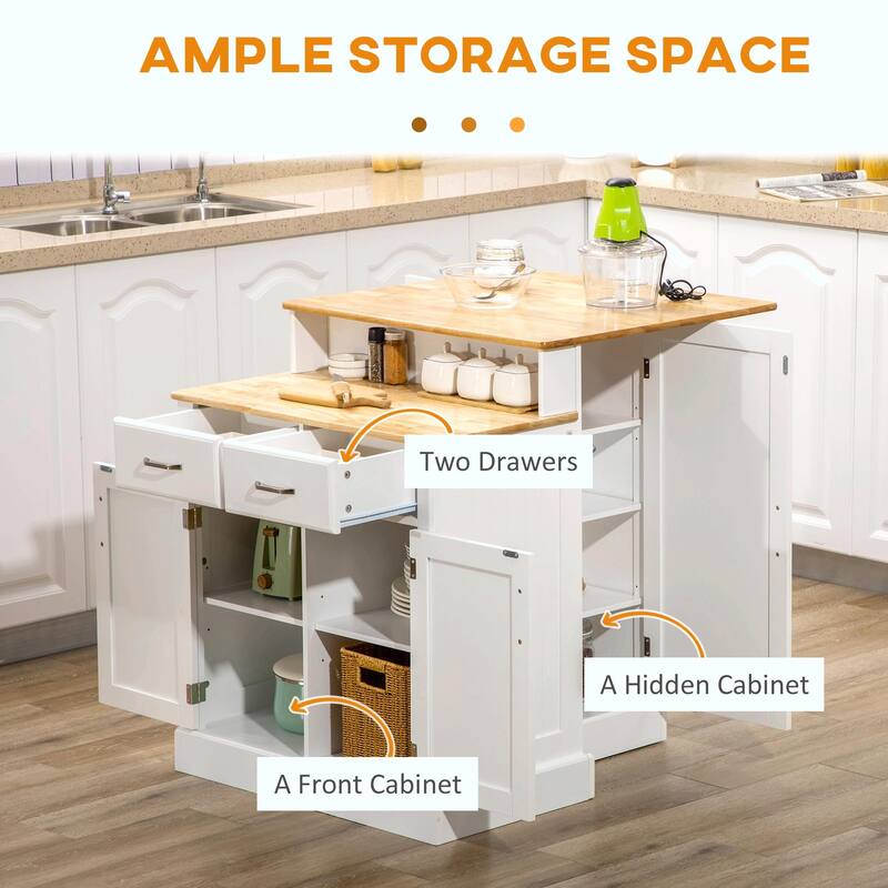 Kitchen Island with Storage Cabinet, 2-Level Rubber Wood Top, Adjustable Shelves, and Drawers