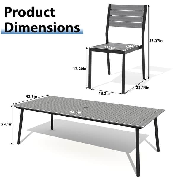 dimension image slide 3 of 4, 11-piece Outdoor Patio Aluminum Rectangle Dining Set with Umbrella Hole