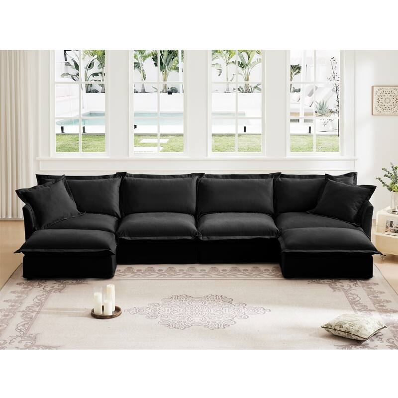 Slipcovered U Shape Sectional Wide and Deep Seat Sofa Couch, 4 Seater Sofa with French Edges Design Multiple Big Pillows - Black