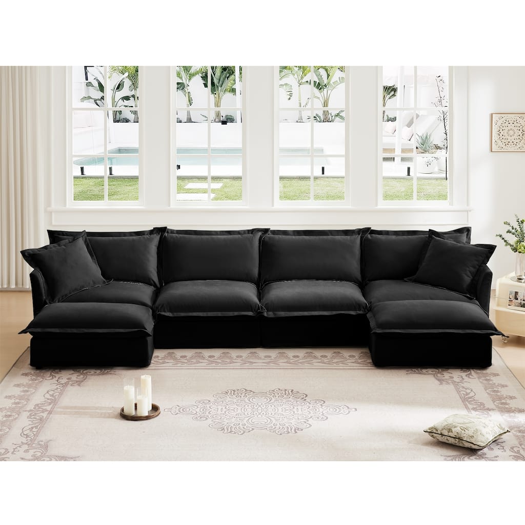 Slipcovered U Shape Sectional Wide and Deep Seat Sofa Couch, 4 Seater Sofa with French Edges Design Multiple Big Pillows