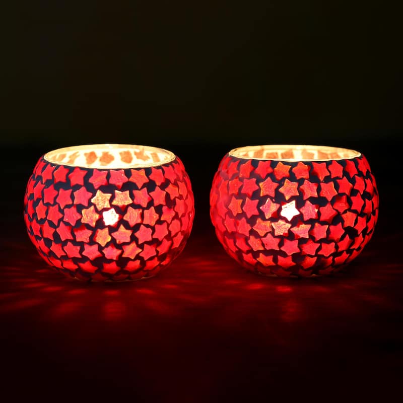 Novica Handmade Burning Stars Glass Mosaic Tealight Holders (Pair)