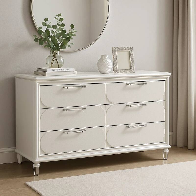 Dima 6 Drawer Wide Dresser, Pearl White Solid Wood with Acrylic Hardware