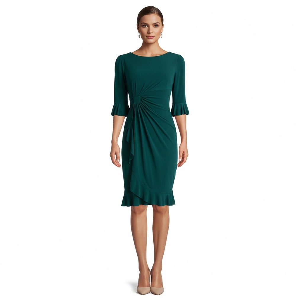 Connected Apparel Ruffle Pleat Sheath Dress - Deep Spruce - 12