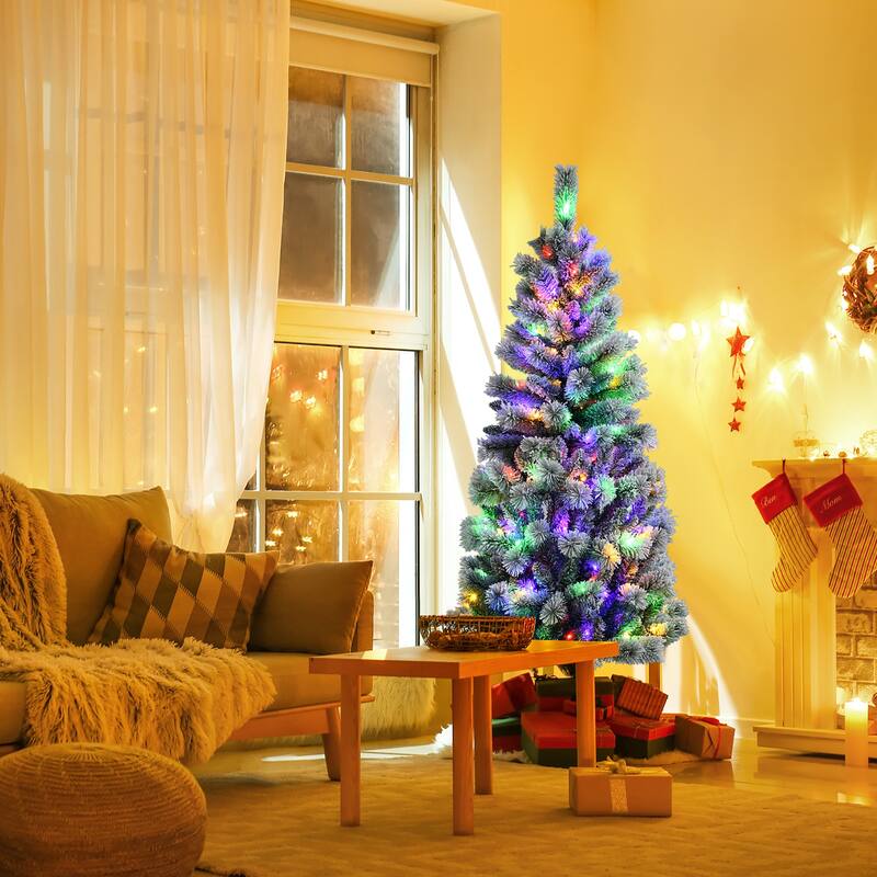 Costway 6FT Pre-Lit Hinged Christmas Tree Snow Flocked w/9 Modes
