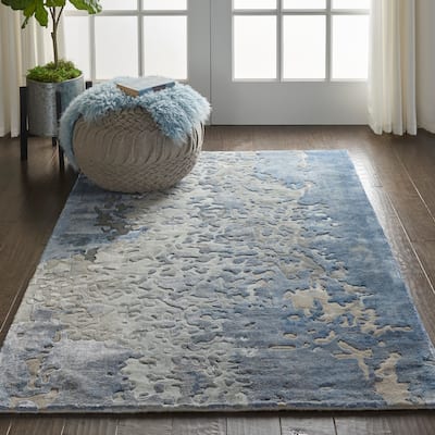 Nourison Prismatic Shimmering Carved Blue Ivory Abstract Area Rug