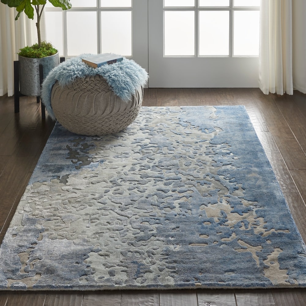 Nourison Prismatic Shimmering Carved Blue Ivory Abstract Area Rug