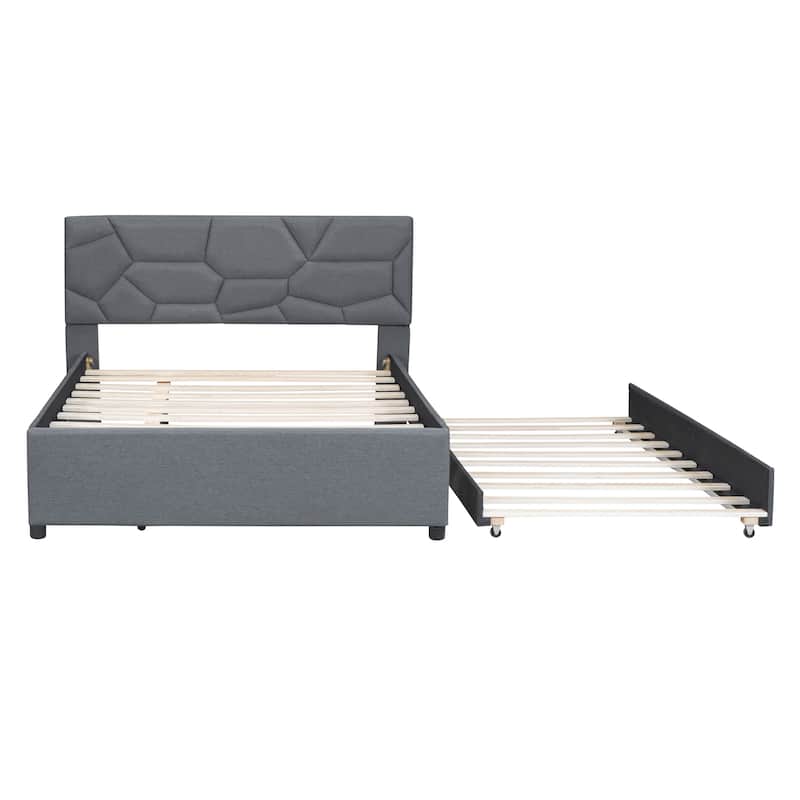 Full Linen Platform Bed with Trundle and Brick Headboard