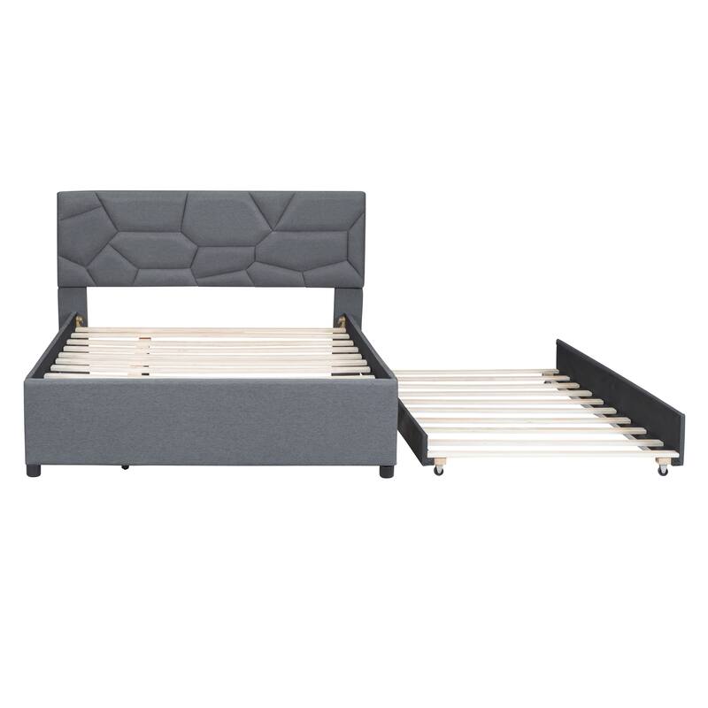 Full Size Upholstered Platform Bed with Brick Pattern Headboard and Twin Trundle, Linen Fabric, Gray