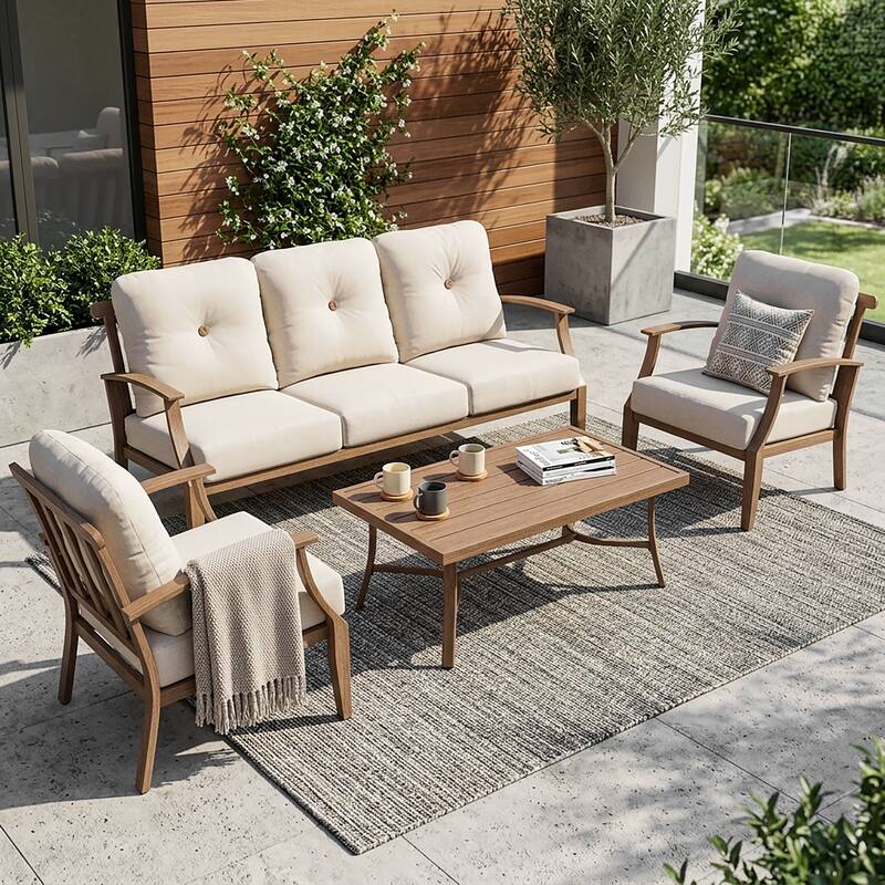 4-Piece Patio Conversation Set with Cushions, Aluminum Frame, Beige