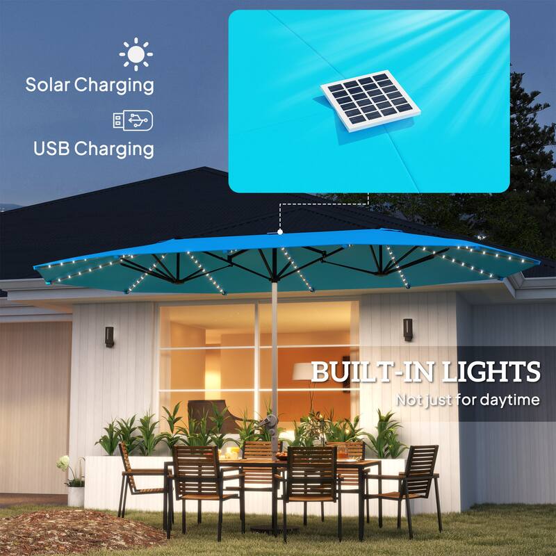 Solar Powered LED Patio Umbrella with UV Protection Outdoor Garden Patio Umbrella with LED Lights Crank Lift