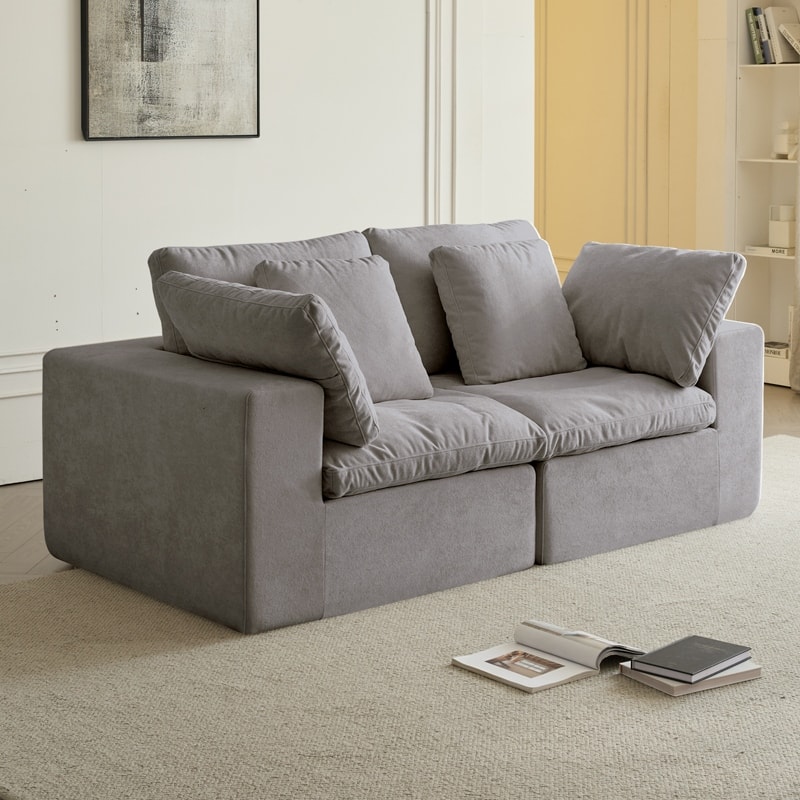 Flannel Modular Sectional Loveseat Sofa with Square Arms and Pillows
