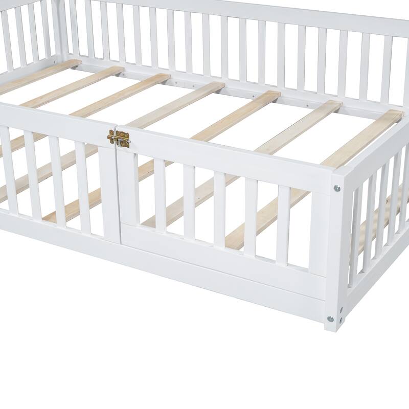 Full Size House Platform Bed with Guardrail, White