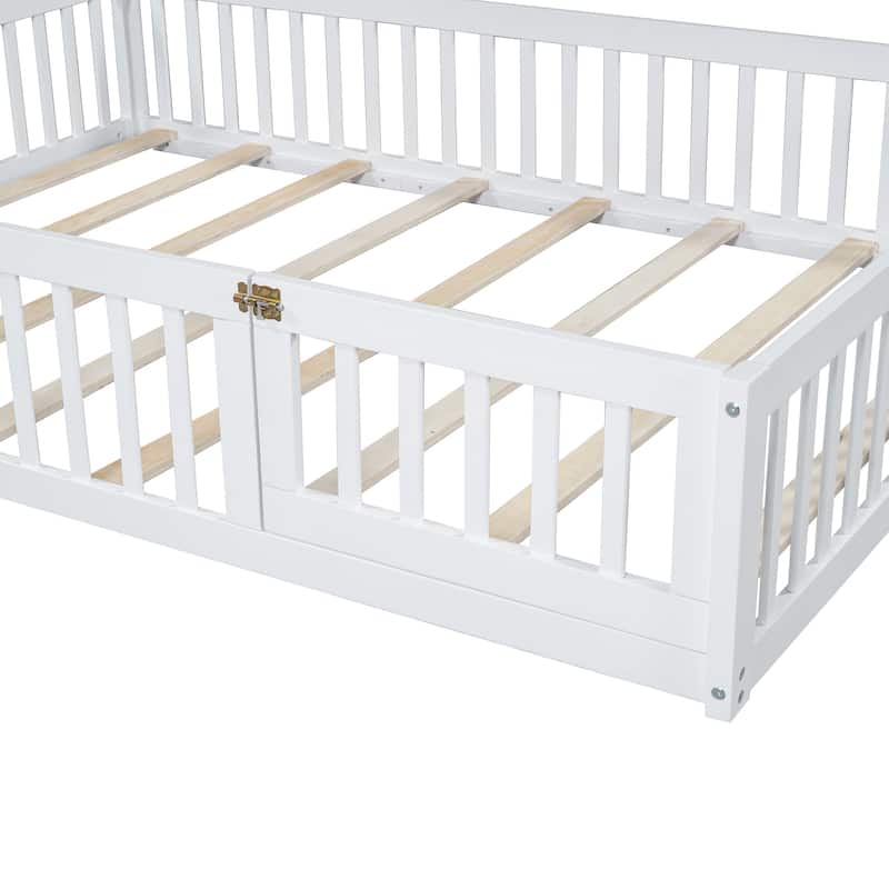 Wooden Full Size House Platform Bed with Fence and Door, Solid Pinewood Full Size Floor Bed Frame with House Shaped Headboard