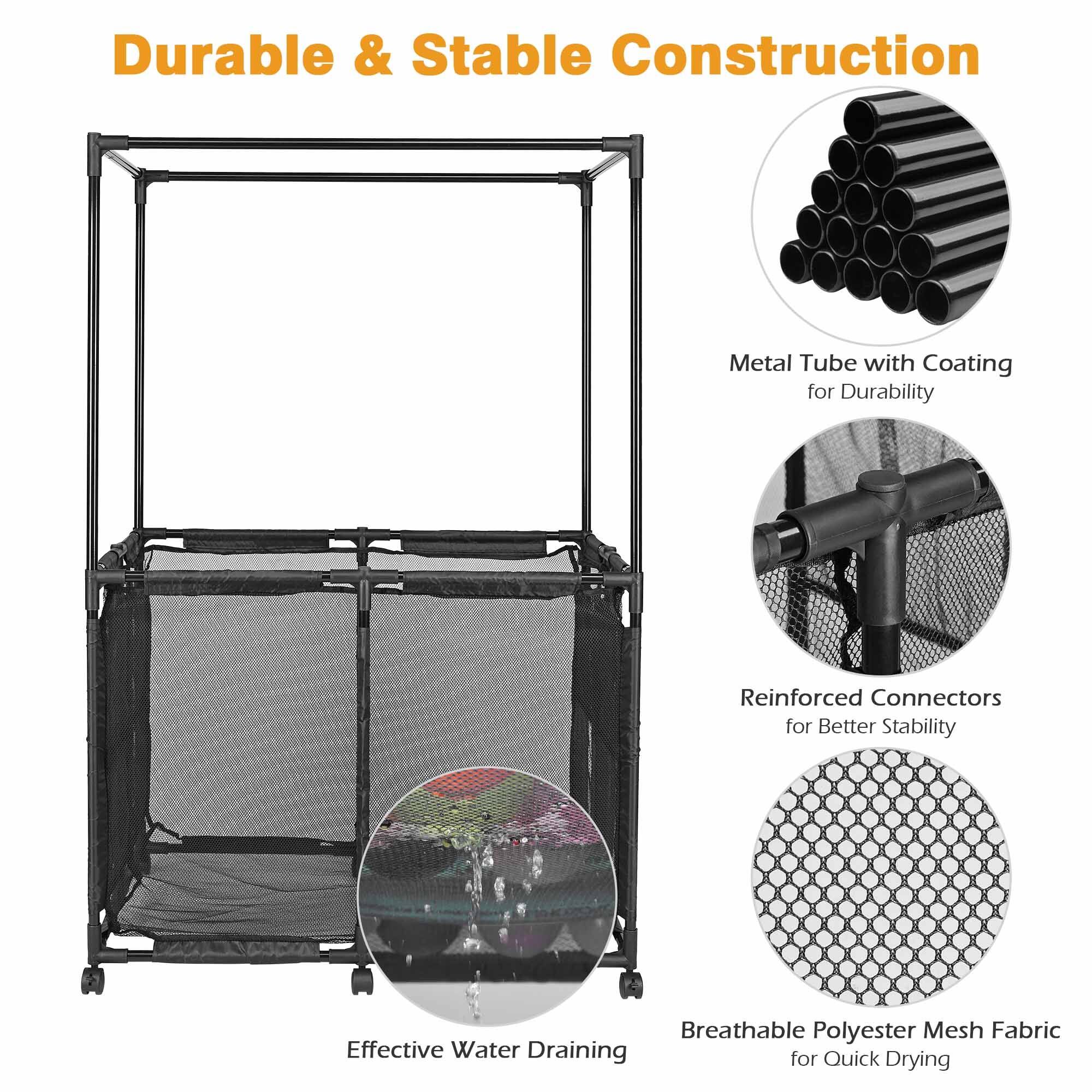 Metal Frame 6 Wheels Rolling Double Decker Mesh Pool Storage Bin