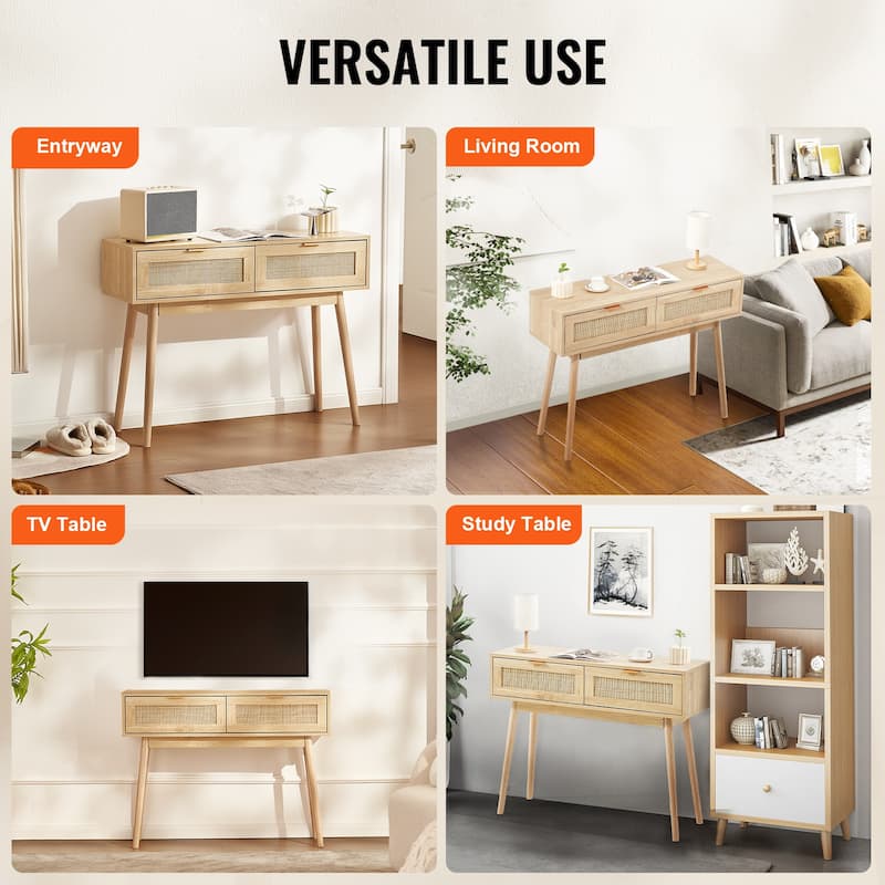 Rattan Console Table with 2 Storage Drawers, Rattan Entryway Table with Natural Rattan Sliding Door, Console Sofa Table
