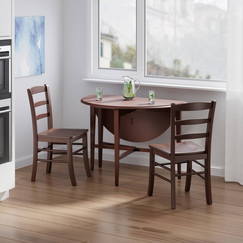 Hannah 3-Pc Double Drop Leaf Table with 2 Benjamin Chairs, Walnut Finish