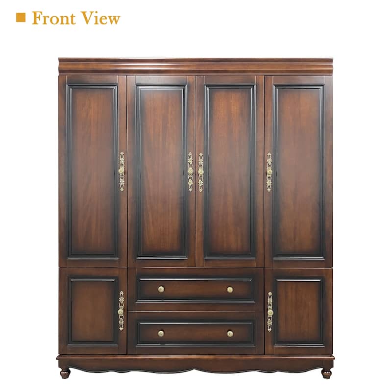 100% Solid Wood Armoire Wardrobe Closet with 4 Door, 70.87"H Bedroom Armoire with Drawer and Hanging Rod