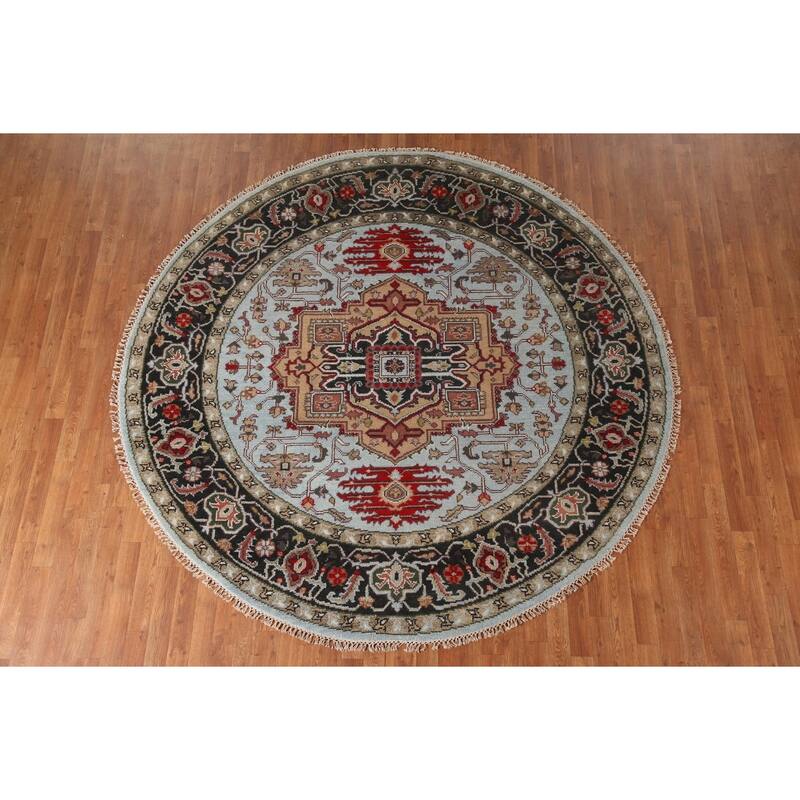 Light Blue Heriz-Serapi Oriental Round Area Rug Handmade Wool Carpet - 7'11"x 7'11"