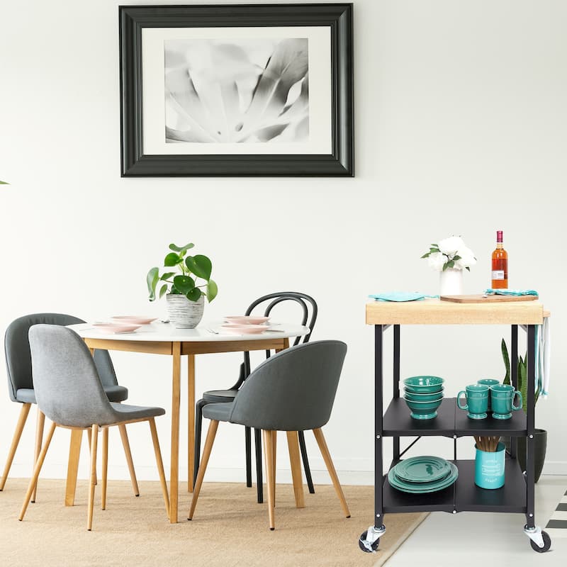 Origami Foldable Wheeled Portable Solid Wood Top Kitchen Island Bar Cart, Black
