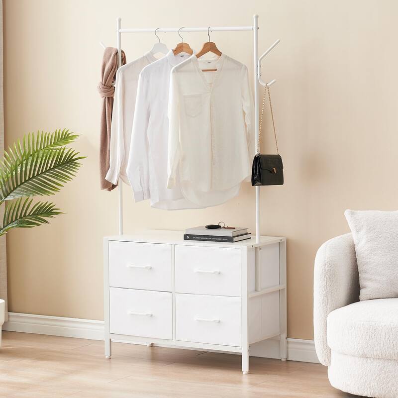 Clothes Rack Storage Organizer with 4 Drawers and Wooden Top Garment Rack - White
